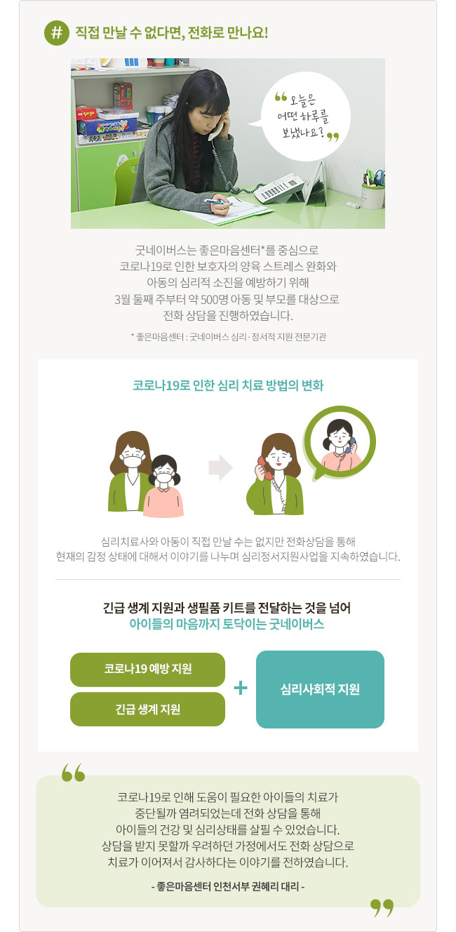 직접 만날 수 없다면, 전화로 만나요! 굿네이버스는 좋은마음센터*를 중심으로 코로나19로 인한 보호자의 양육 스트레스 완화와 아동의 심리적 소진 예방하기 위해 3월 둘째 주부터 약 500명 아동 및 부모를 대상으로 전화 상담을 진행하였습니다. * 좋은마음센터 : 굿네이버스 심리·정서적 지원 전문기관, 코로나19로 인한 심리 치료 방법의 변화, 심리치료사와 아동이 직접 만날 수는 없지만 전화상담을 통해 현재의 감정 상태에 대해서 이야기를 나누며 심리정서지원사업을 지속하였습니다. 긴급 생계 지원과 생필품 키트를 전달하는 것을 넘어 아이들의 마음까지 토닥이는 굿네이버스, 코로나19 예방 지원, 긴급 생계 지원, 심리사회적 지원, 코로나19로 인해 도움이 필요한 아이들의 치료가 중단될까 염려되었는데 전화 상담을 통해 아이들의 건강 및 심리상태를 살필 수 있었습니다. 상담을 받지 못할까 우려하던 가정에서도 전화 상담으로 치료가 이어져서 감사하다는 이야기를 전하였습니다. - 좋은마음센터 인천서부 권혜리 대리 -