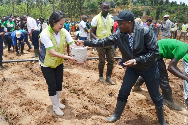 르완다 지역 주민들이 땅을 일구는 모습