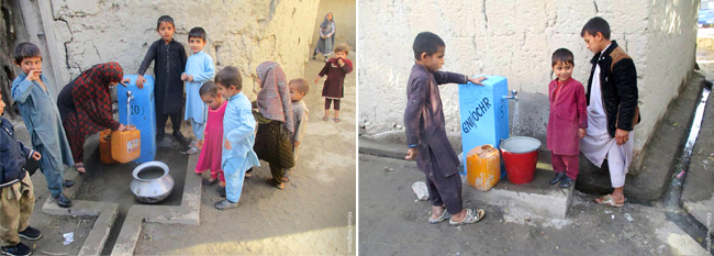 눈높이에 맞춰 설치된 식수 시설 앞에 모여있는 아이들의 모습