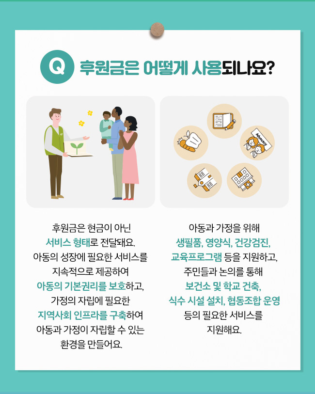 후원금은 어떻게 사용되나요? 후원금은 현금이 아닌 서비스 형태로 전달돼요. 아동의 성장에 필요한 서비스를 지속적으로 제공하여 아동의 기본권리를 보호하고, 가정의 자립에 필요한 지역사회 인프라를 구축하여 아동과 가정이 자립할 수 있는 환경을 만들어요., 아동과 가정을 위해 생필품, 영양식,
건강검진, 교육프로그램 등을 지원하고,주민들과 논의를 통해 보건소 및 학교 건축, 식수 시설 설치, 협동조합 운영 등의 필요한 서비스를 지원해요.