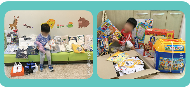 후원자님들이 보내주신 선물을 보고 있는 규민이와, 후원자님들이 보내주신 선물 중 장난감을 받고 좋아하는 규민이의 모습