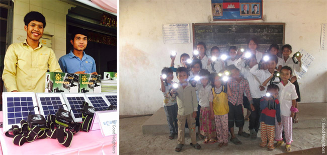 굿솔라 태양광 에너지 제품을 들고 있는 캄보디아 주민 모습 사진 사진12. 빛이 들어오지 않는 교실에서 굿솔라 랜턴을 들고 있는 아이들 모습