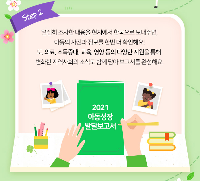 열심히 조사한 내용을 현지에서 한국으로 보내주면, 아동의 사진과 정보를 한번 더 확인해요!, 또 의료,소득증대,교육,영양 등의 다양한 지원을 통해, 변화한 지역사회의 소식도 함께 담아 보고서를 완성해요