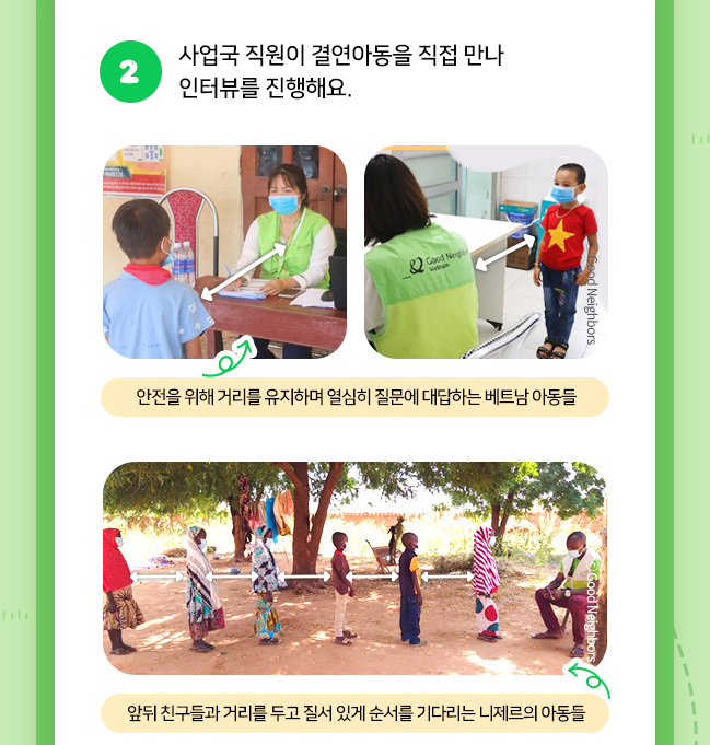 2. 사업국 직원이 결연아동을 직접 만나 인터뷰를 진행해요.,안전을 위해 거리를 유지하며 열심히 질문에 대답하는 베트남 아동들 모습, 앞뒤 친구들과 거리를 두고 질서 있게 순서를 기다리는 니제르의 아동들 모습