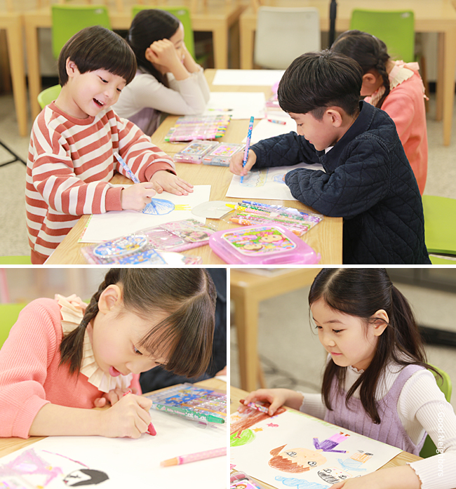 할아버지 할머니께 드릴 편지를 정성스럽게 쓰고 있는 아이들 이미지