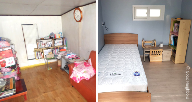 왼쪽 얇은 창호지와 낡은 벽지, 한 켠에 놓인 아동 책상으로 배치, 오른쪽 도배 및 창호 교체, 책상, 침대  등으로 배치