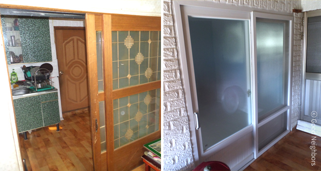 왼쪽 외풍이 심하고, 낡은 미닫이 문이 있던 가정 내부, 오른쪽 가정 내부 단열공사 및 도어 교체