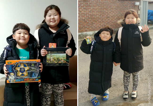 왼쪽은 산이는 장난감, 한별이는 색연필을 들고 있는 이미지, 오른쪽은 한별이와 산이가 선물 받은 외투를 입고 손을 들고 인사하는 이미지