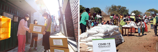 사진 19,20. 국내 코로나19 긴급구호(좌) 해외 코로나19 긴급대응(우) 진행 모습 