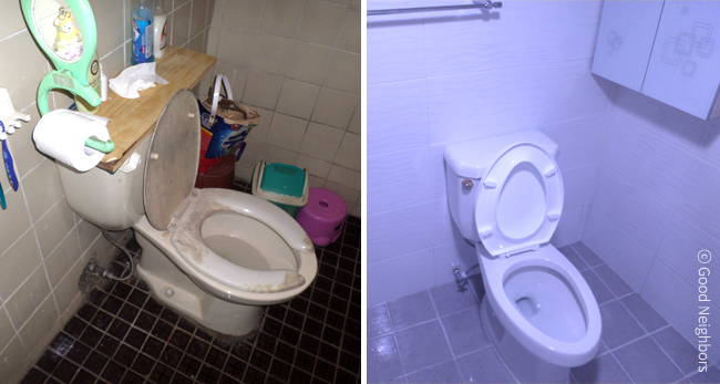 왼쪽 낡은 타일과 변색된 좌변기가 놓여있는 화장실, 오른쪽 타일 교체 및 새 좌변기 설치, 온수 설치