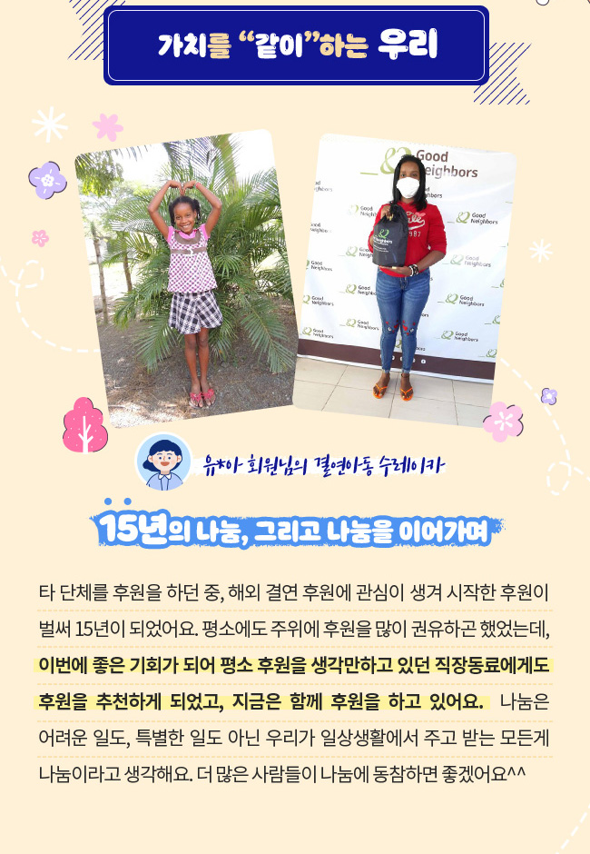 가치를 같이 하는 우리, 15년의 나눔, 그리고 나눔을 이어가며,  타 단체를 후원을 하던 중, 해외 결연 후원에 관심이 생겨 시작한 후원이 벌써 15년이 되었어요., 평소에도 주위에 후원을 많이 권유하곤 했었는데, 이번에 좋은 기회가 되어 평소 후원을 생각만하고 있던 직장동료에게도 후원을 추천하게 되었고, 지금은 함께 후원을 하고 있어요. , 나눔은 어려운 일도, 특별한 일도 아닌 우리가 일상생활에서 주고 받는 모든게 나눔이라고 생각해요.,  더 많은 사람들이 나눔에 동참하면 좋겠어요^^유*아 회원님의 결연아동 수레이카