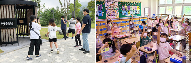 흡연시설 실태조사 진행 모습,아동권리 교육 진행 모습