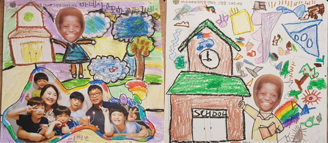 가족사진을 붙여 완성한 그림편지,책을 들고있는 바네사와 학교를 그린 그림편지