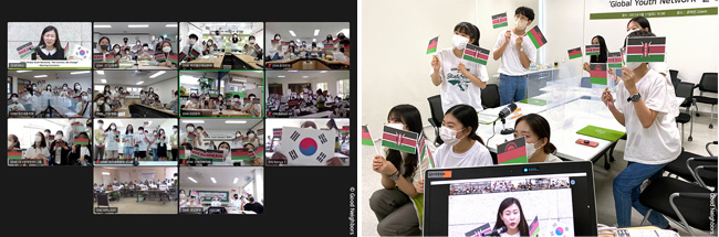 (좌) 비대면으로 진행된 발대식 이미지 (우) 각 나라의 국기를 들고 흔드는 아이들 이미지
