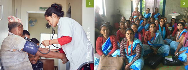 1. 고르카에 세워진 보건소에서 진료를 받고 있는 지역주민 이미지 2. 전문적인 보수 교육을 받고 있는 누와꼿 지역 여성 마을보건원 이미지