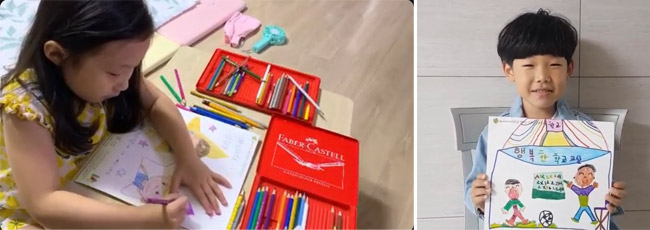 색연필로 그림을 그리고 있는 여자아이1의 모습,본인이 그린 행복한 학교교실 그림을 들고있는 남자아이의 모습