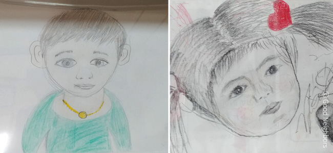 왼쪽은 한별이가 직접 그린 산이 얼굴 그림 이미지, 오른쪽은 한별이가 그린 본인 얼굴 그림 이미지