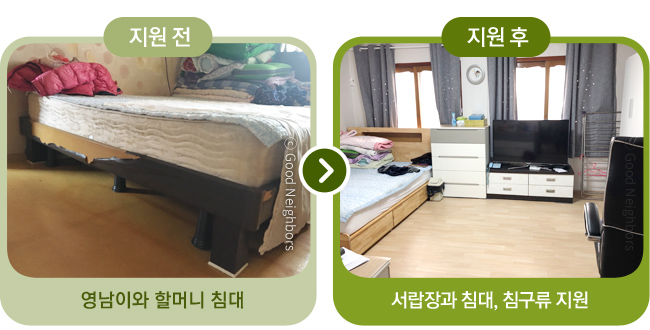 왼쪽은 좌측 냉장고와 우측 싱크대 사이에 밥솥, 상, 기타 주방 물품들이 쌓여 있는 부엌 겸 거실 사진, 오른쪽은 좌측부터 냉장고, TV, 에어컨이 지원되고 깔끔하게 정돈된 거실 사진