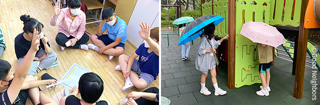 주제 선정하고 있는 모습 ,어린이놀이터 실태조사 진행 모습  