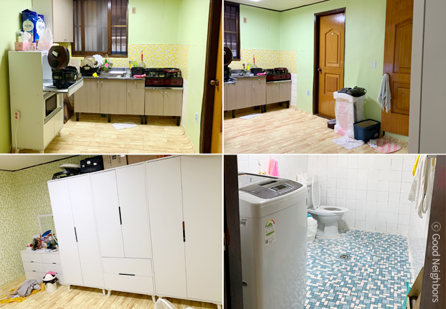 이사한 거실에서 해은이네 가족들이 모여서 인사하고 있는 모습