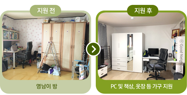 왼쪽은 좌측 냉장고와 우측 싱크대 사이에 밥솥, 상, 기타 주방 물품들이 쌓여 있는 부엌 겸 거실 사진, 오른쪽은 좌측부터 냉장고, TV, 에어컨이 지원되고 깔끔하게 정돈된 거실 사진