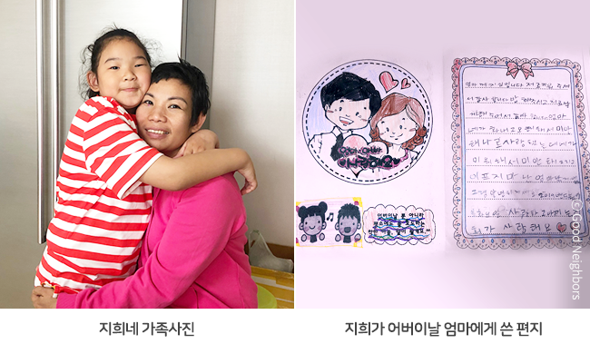 왼쪽은 좌측 냉장고와 우측 싱크대 사이에 밥솥, 상, 기타 주방 물품들이 쌓여 있는 부엌 겸 거실 사진, 오른쪽은 좌측부터 냉장고, TV, 에어컨이 지원되고 깔끔하게 정돈된 거실 사진