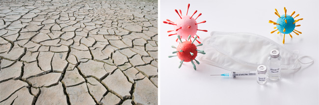 (좌) 가물어 갈라진 땅 이미지 (우) 바이러스와 마스크 