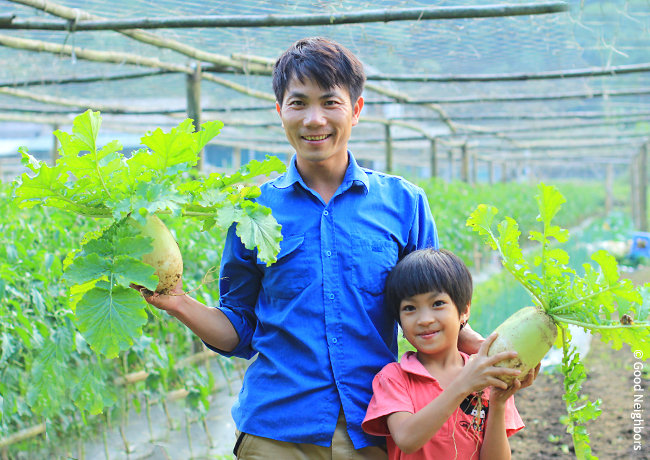 채소농장에서 환하게 웃고 있는 베트남 퀴첸 지역 조합원 아버지와 아들 이미지
