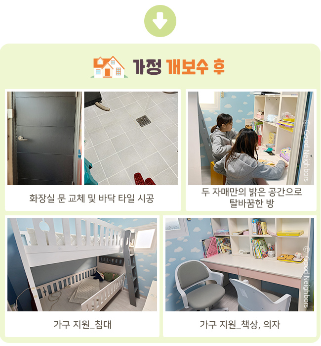 화장실 문 교체,화장실 바닥 타일 시공,창고 방 개보수 진행,가구지원_침대,가구지원_ 책상, 의자